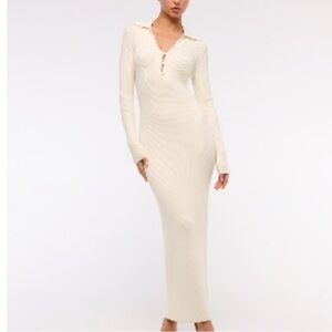Abercrombie & Fitch Cream Long-Sleeve Ribbed Maxi Dress